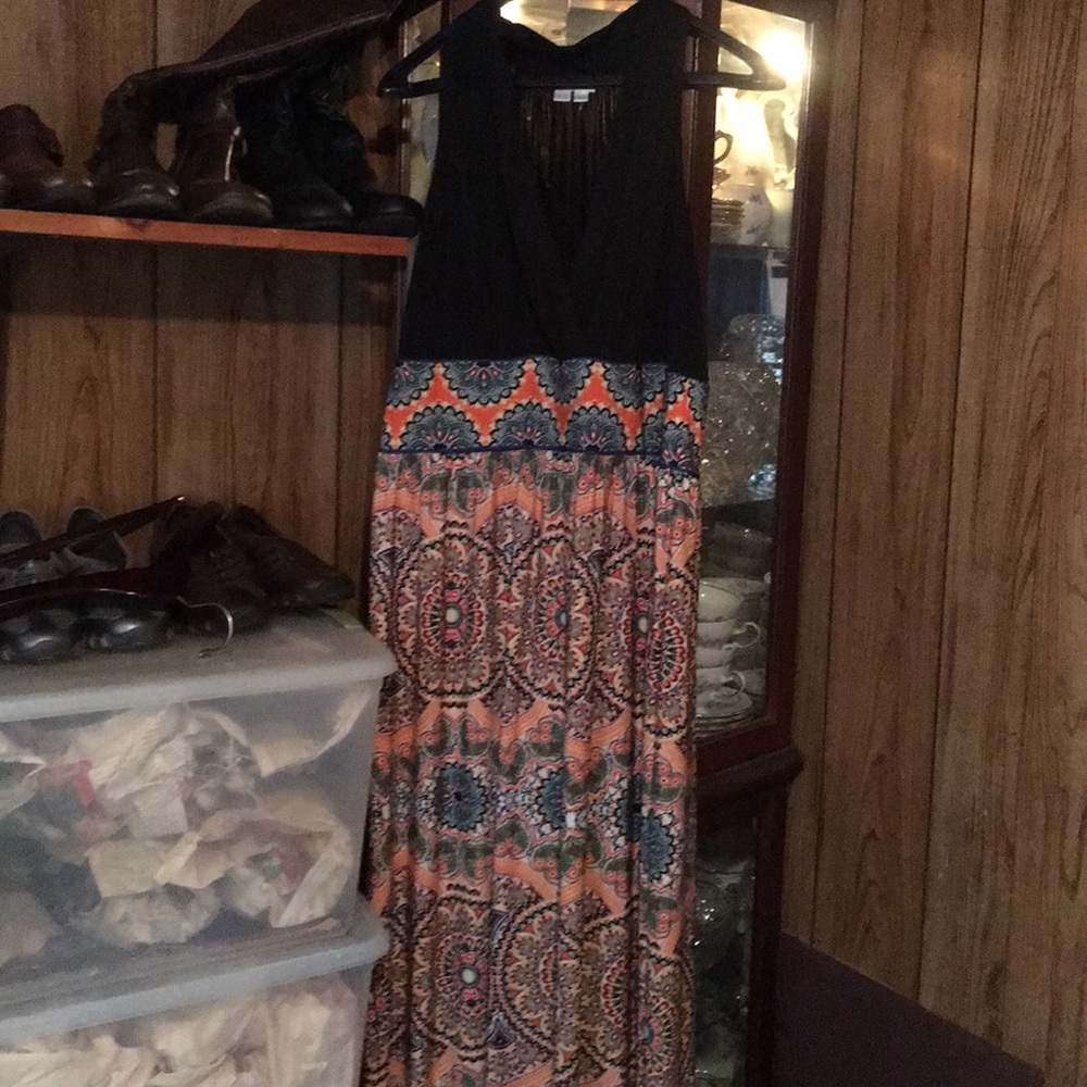 London Times Black/coral print Maxi dress